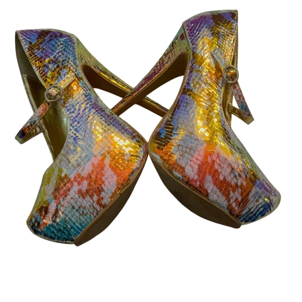 Iridescent Snakeskin Mary Jane Platform Heels Rainbow Sparkle Glamour Shoes